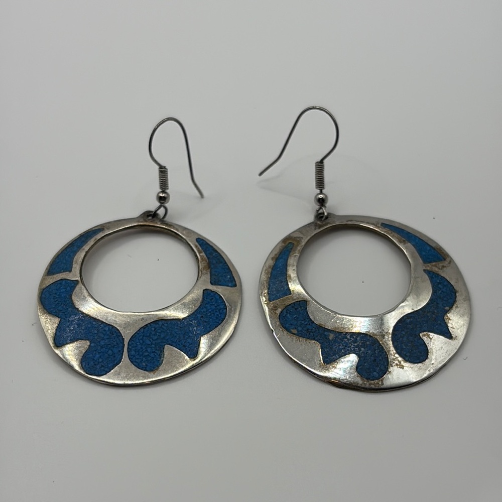 Vintage Mexican Silver Hoop Earrings with Turquoise Design